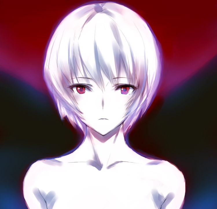 kawata hisashi, ayanami rei, lilith (ayanami rei), neon genesis evangelion, the end of evangelion, 1990s (style), 1girl, completely nude, glowing, nude, pale skin, red eyes, retro artstyle, short hair, upper body, white hair