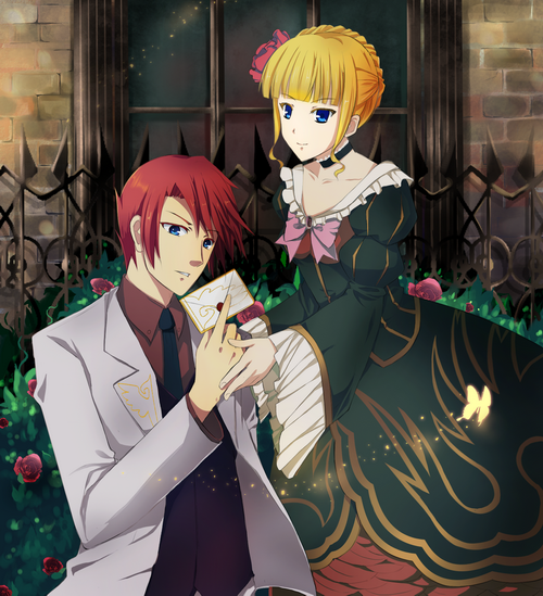 echoayane, beatrice (umineko), ushiromiya battler, umineko no naku koro ni, 00s, 1boy, 1girl, blonde hair, blue eyes, bow, bug, butterfly, choker, dress, envelope, insect, jacket, necktie, pink bow, red hair, smile