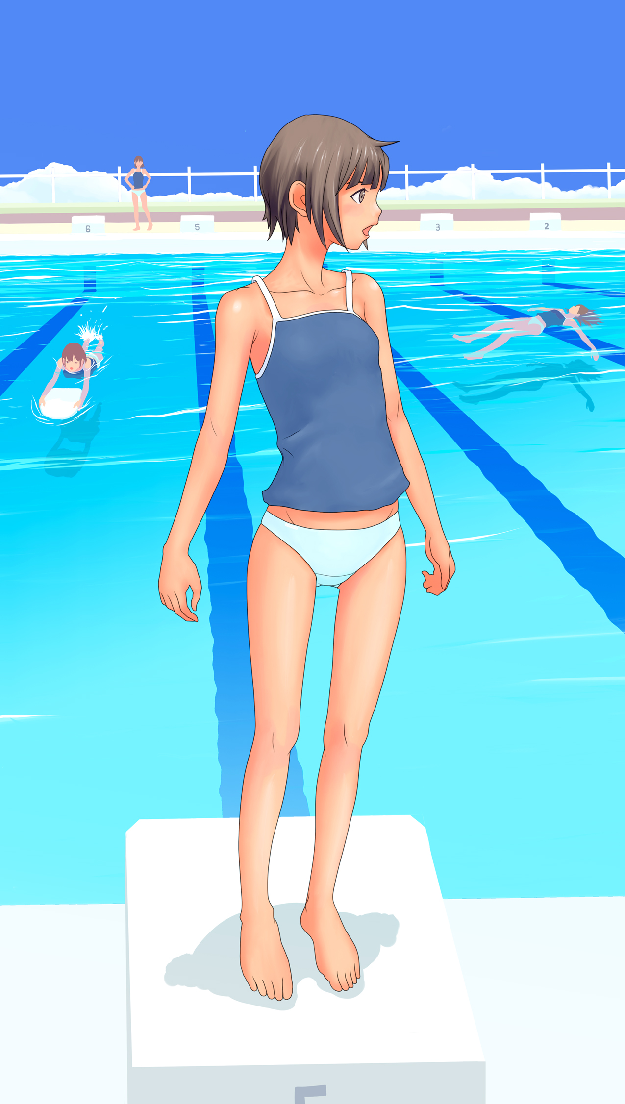 flash tomo, original, bad id, bad pixiv id, highres, 4girls, barefoot, blue panties, bottomless, brown hair, feet, kickboard, legs, multiple girls, no pants, panties, pool, short hair, swimming, tank top, underwear, water