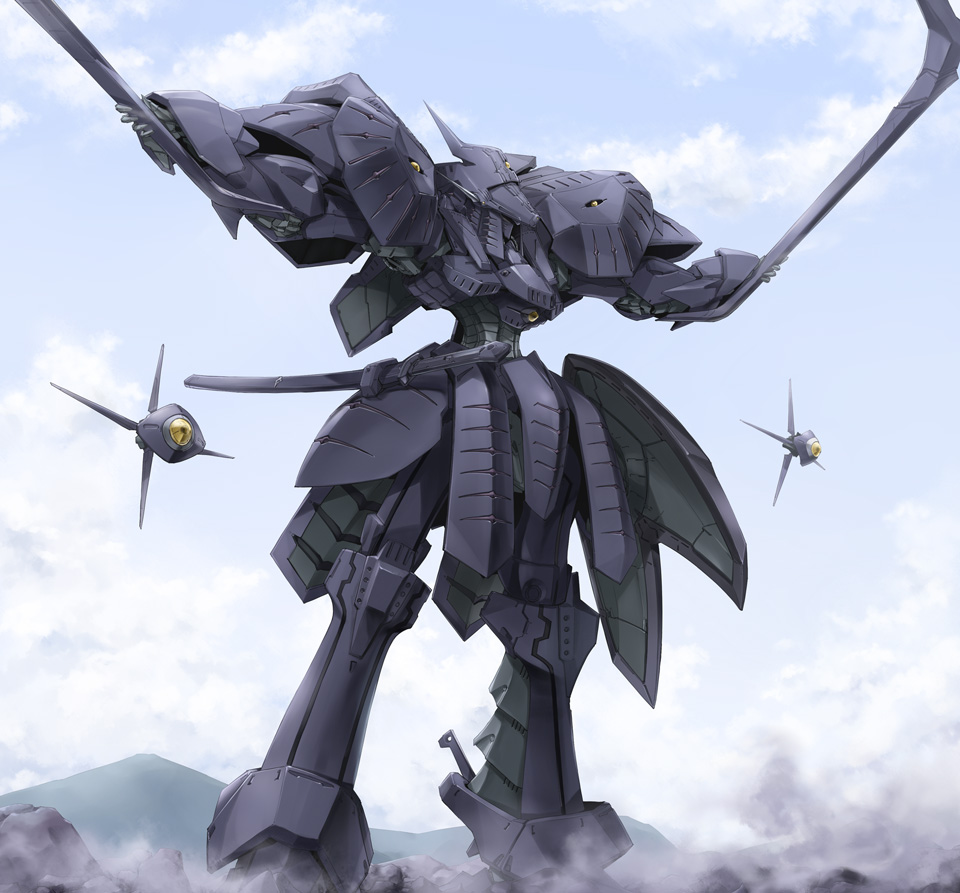 tomo (machinemess), terror mirage, five star stories, bad id, bad pixiv id, boomerang, katana, mecha, mortar headd, robot, shield, sword, weapon