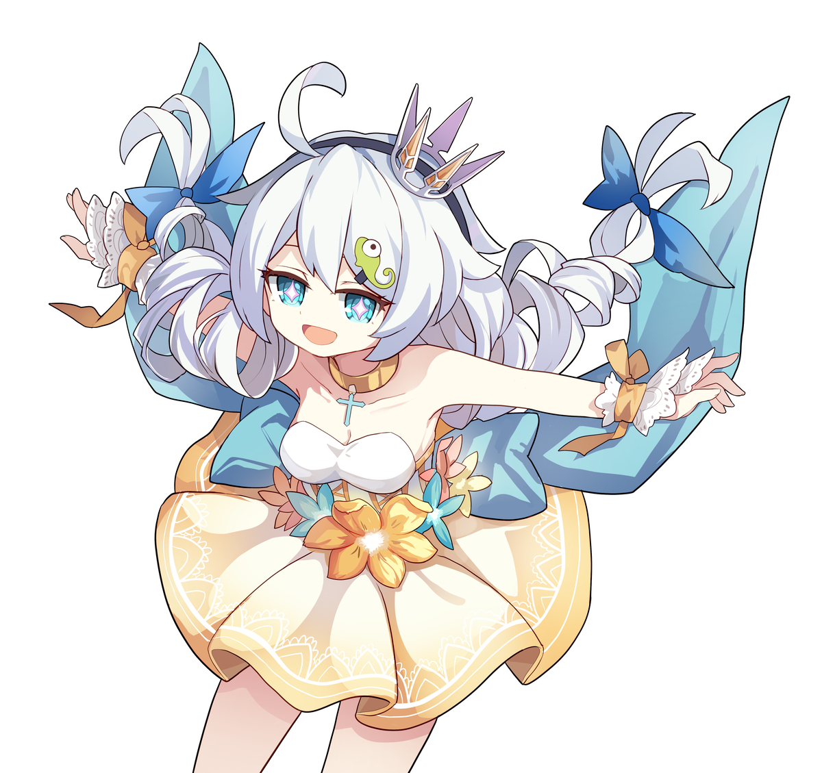 xtacy, kiana kaslana, benghuai xueyuan, honkai (series), commentary, english commentary, 1girl, ahoge, birthday, black hairband, blue eyes, breasts, choker, cross, cross choker, crown, dress, drill hair, hairband, long hair, mini crown, orange choker, outstretched arms, simple background, solo, spread arms, strapless, strapless dress, twin drills, white background, yellow dress