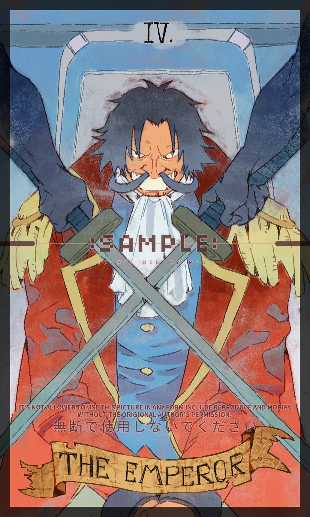 siyangou49, gol d. roger, one piece, highres, 3boys, ascot, beard, black hair, card (medium), coat, cuffs, epaulettes, facial hair, handcuffs, holding, holding sword, holding weapon, long mustache, looking at viewer, male focus, multiple boys, mustache, out of frame, red coat, roman numeral, sample watermark, short hair, smile, sword, tarot, tarot (medium), the emperor (tarot), watermark, weapon, white ascot