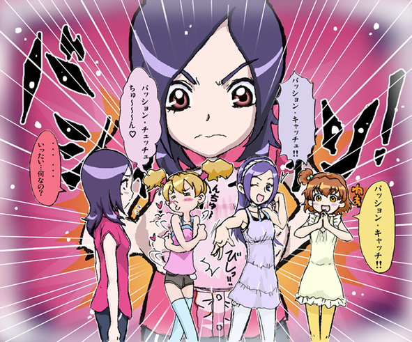 tekisai, aono miki, higashi setsuna, momozono love, yamabuki inori, fresh precure!, precure, white legwear, yellow legwear, translation request, 00s, 4girls, angry, emphasis lines, looking at viewer, multiple girls, o3o, pantyhose, shorts, standing, tareme, teasing, thighhighs, upper body, zettai ryouiki