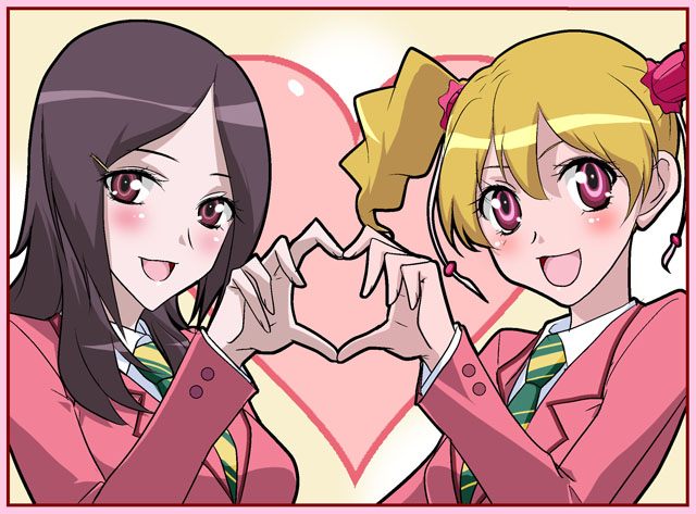 higashi setsuna, momozono love, fresh precure!, precure, bad id, bad pixiv id, 00s, 2girls, :d, black hair, blush, brown hair, eyelashes, four-finger heart hands, heart, heart hands, heart hands duo, multiple girls, necktie, open mouth, pink eyes, school uniform, smile, symmetry