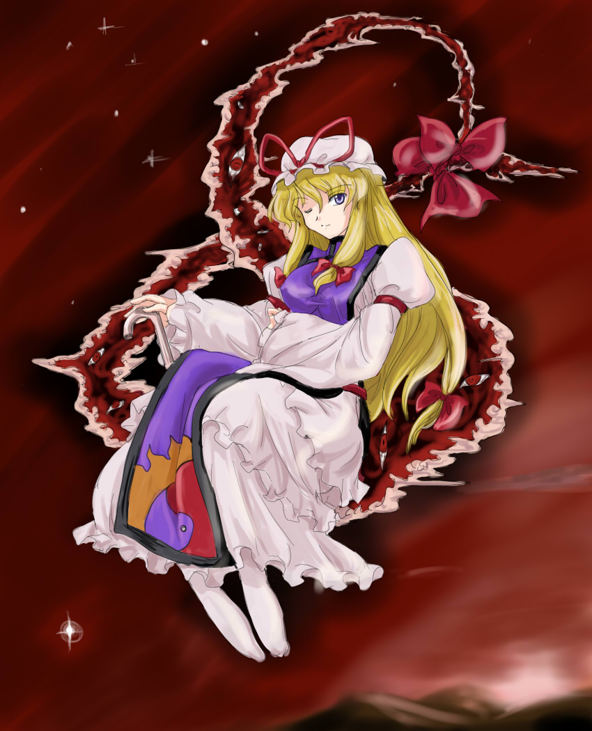 flx, yakumo yukari, touhou, 1girl, blonde hair, female focus, full body, gap (touhou), hair ribbon, hat, long hair, outdoors, purple eyes, ribbon, sky, solo, wink