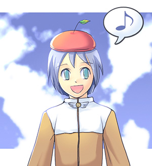 acolyte (ragnarok online), ragnarok online, commentary request, lowres, 1boy, :d, blue eyes, blue hair, blue sky, brown coat, cloud, coat, dated commentary, fruit hat, letterboxed, long sleeves, male focus, musical note, oomojiya, open mouth, short hair, sky, smile, solo, spoken musical note, upper body