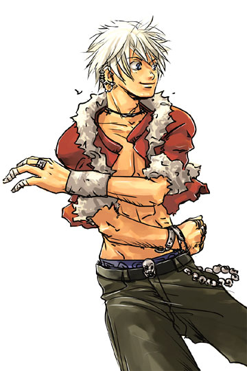 rogue (ragnarok online), ragnarok online, commentary request, 1boy, bandaged fingers, bandages, belt, black belt, black pants, closed mouth, cowboy shot, dated commentary, ear chain, fur-trimmed shirt, fur trim, grey eyes, linked piercing, looking afar, male focus, oomojiya, pants, piercing, red shirt, shirt, short hair, short sleeves, simple background, smile, solo, white background, white hair