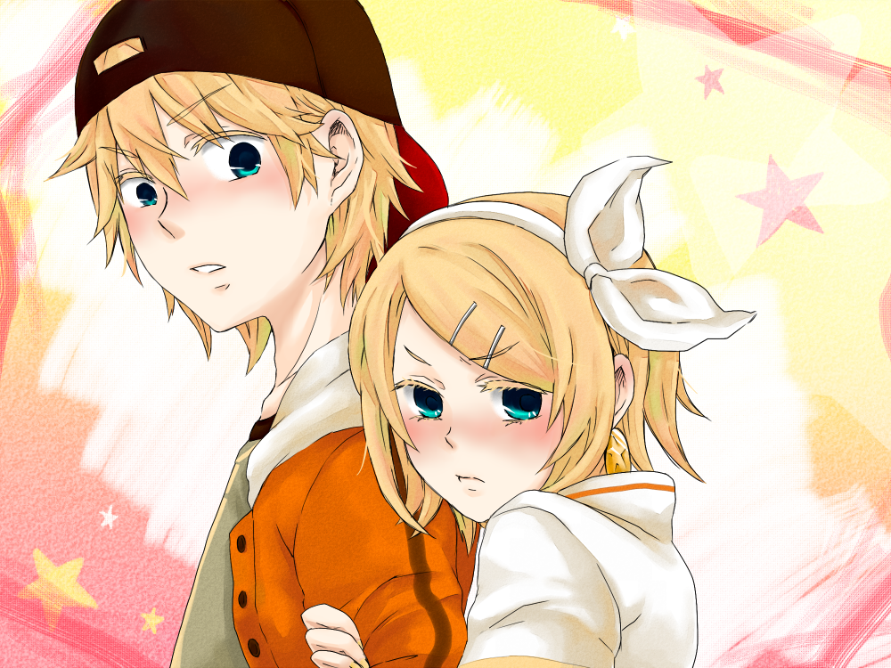 k hearts, kagamine len, kagamine rin, juvenile (vocaloid), vocaloid, arm grab, bad id, bad pixiv id, 1boy, 1girl, baseball cap, blonde hair, blue eyes, blush, brother and sister, hair ornament, hair ribbon, hairclip, hat, holding another's arm, ribbon, short hair, siblings, twins