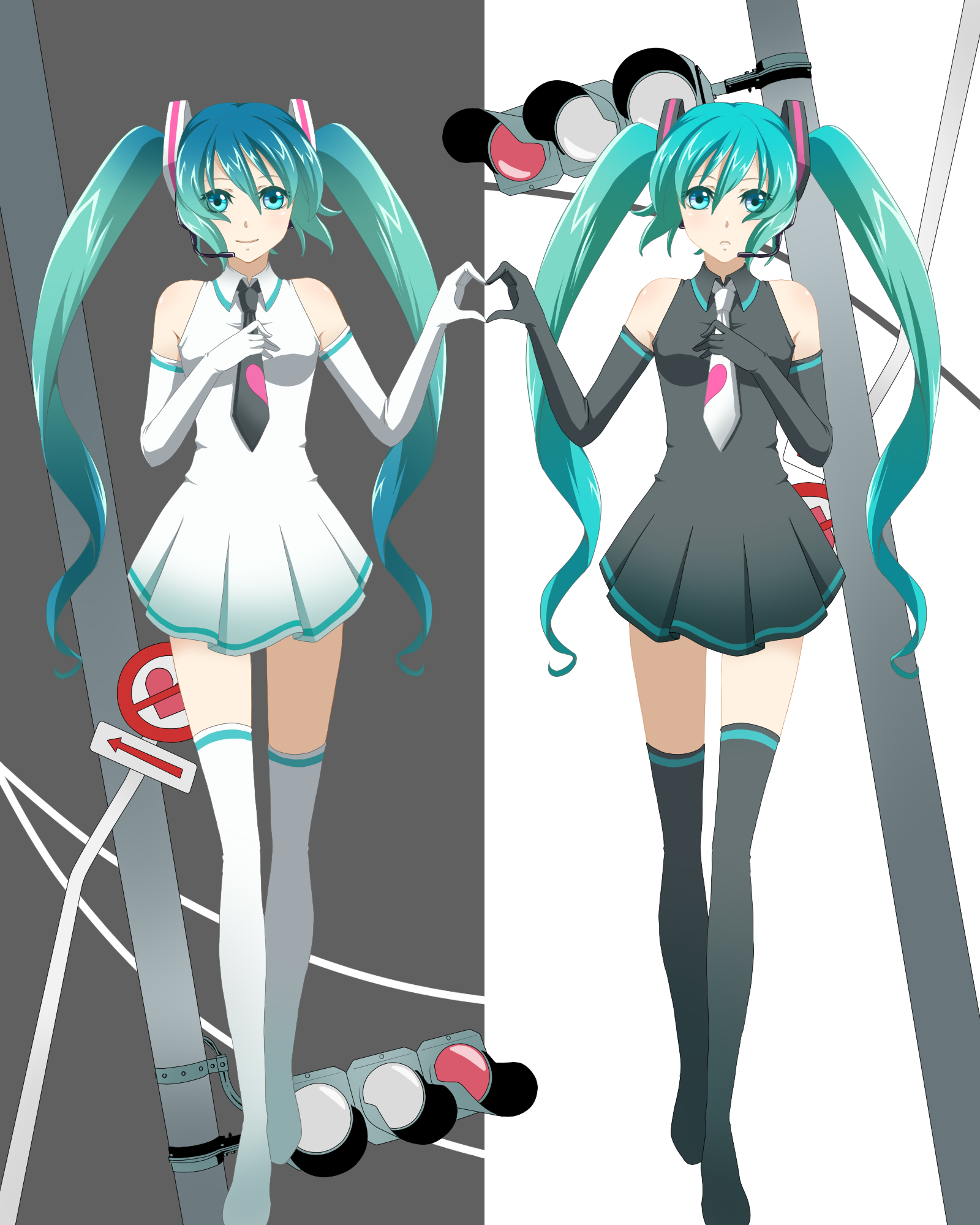 sumomoringo, hatsune miku, ura-omote lovers (vocaloid), vocaloid, bad id, bad pixiv id, highres, 2girls, alternate costume, aqua hair, bare shoulders, black thighhighs, black vs white, dress, dual persona, headset, heart, heart hands, heart hands duo, legs, long hair, multiple girls, necktie, smile, thighhighs, time paradox, traffic light, twintails, very long hair, white thighhighs, zettai ryouiki