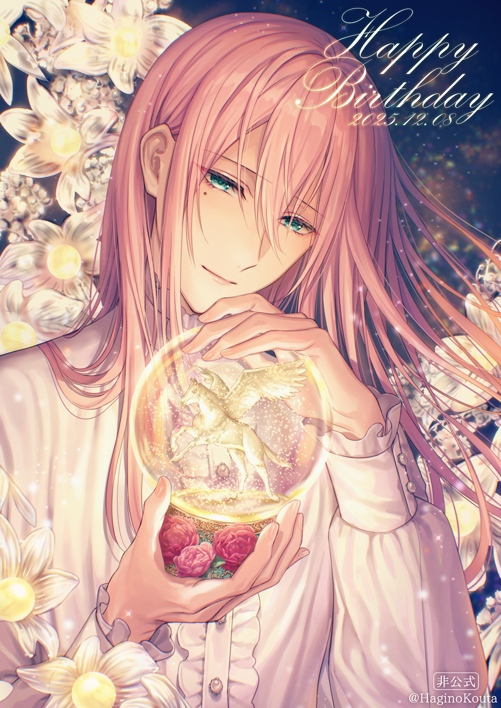 hagino kouta, commentary request, highres, 1boy, center frills, closed mouth, dated, flower, frills, green eyes, hair between eyes, half-closed eyes, hands up, happy birthday, holding, izumi otori, long hair, long sleeves, looking at viewer, mole, mole under eye, nijikare, pink flower, pink hair, puffy long sleeves, puffy sleeves, red flower, shirt, smile, snow globe, solo, upper body, white flower, white shirt