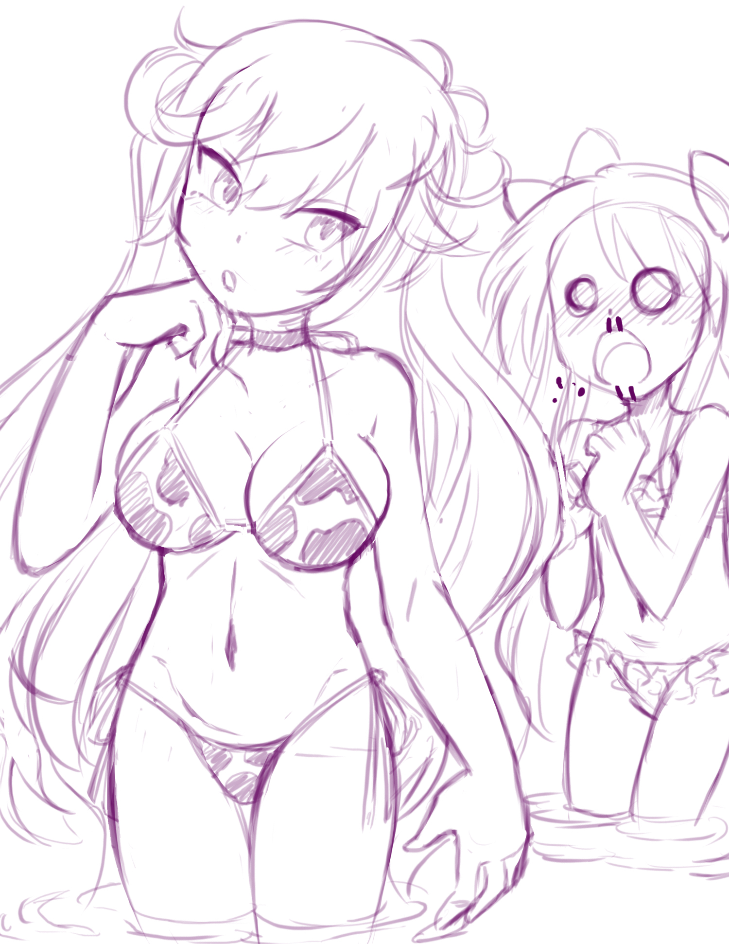 silent-sid, chaos aurora (grimms notes), chaos marie (grimms notes), grimms notes, blood, breasts, cow print, cow print bikini, hair ribbon, hand up, long hair, monochrome, navel, nosebleed, parted lips, print bikini, ribbon, sketch, standing, water