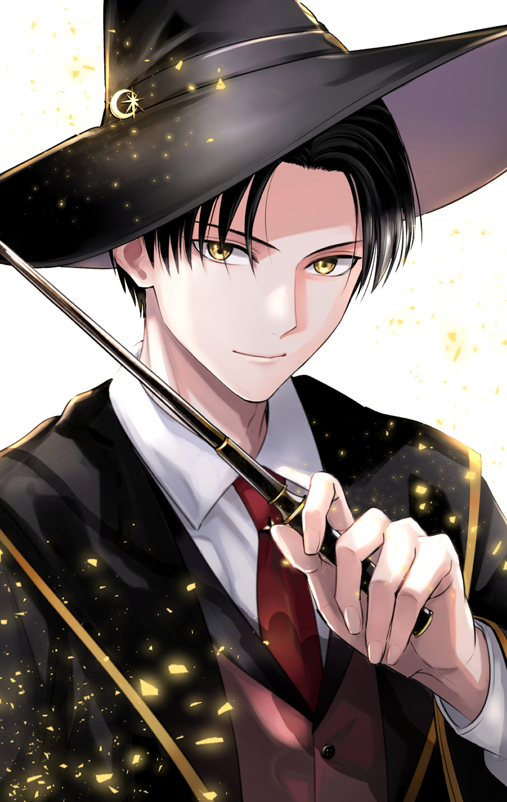 natsupa, kuroneko to majo no kyoushitsu, character request, commentary request, highres, 1boy, black hair, black hat, black robe, brown eyes, brown vest, collared shirt, crescent, hat, holding, holding wand, long sleeves, looking at viewer, male focus, necktie, open clothes, open robe, puffy long sleeves, puffy sleeves, red necktie, robe, shirt, simple background, solo, upper body, vest, wand, white background, white shirt, witch hat