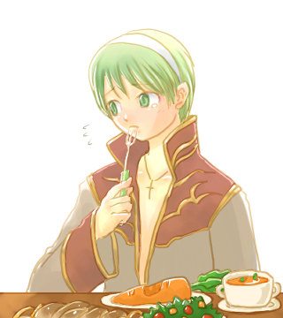 priest (ragnarok online), ragnarok online, commentary request, lowres, 1boy, carrot, closed mouth, coat, cross, cross necklace, cup, dated commentary, food, fork, gold trim, green eyes, green hair, grey coat, hairband, holding, holding fork, jewelry, looking at another, male focus, multicolored coat, necklace, oomojiya, plate, red coat, short hair, simple background, solo, table, teacup, two-tone coat, upper body, white background, white hairband