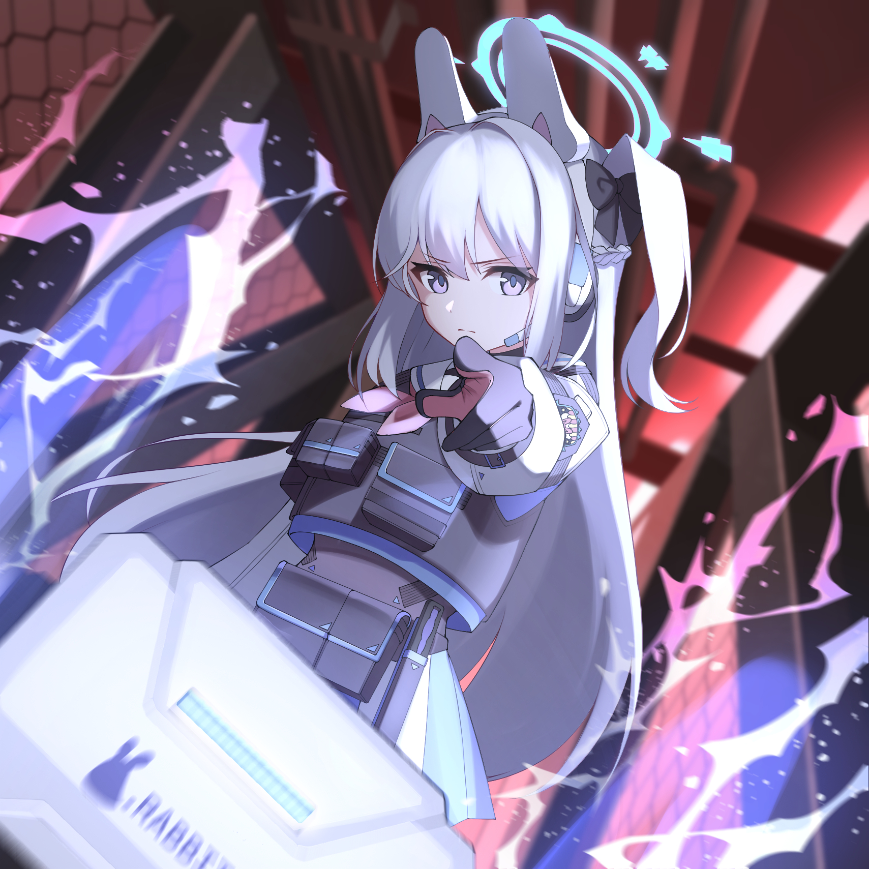 kurosaki saya, miyako (blue archive), blue archive, bilingual commentary, commentary, commission, highres, mixed-language commentary, 1girl, animal ear headphones, animal ears, black bow, black gloves, blue halo, blue skirt, bow, braid, bulletproof vest, chain-link fence, closed mouth, cowboy shot, determined, dutch angle, fake animal ears, fence, gloves, hair bow, half up braid, halo, headphones, headset, industrial pipe, knife sheath, long hair, long sleeves, looking at viewer, neckerchief, one side up, pink gloves, pink neckerchief, pointing, pointing at viewer, pouch, purple eyes, rabbit ear headphones, rabbit ears, school uniform, sheath, sidelocks, skirt, solo, tactical school uniform, two-tone gloves, very long hair, white hair