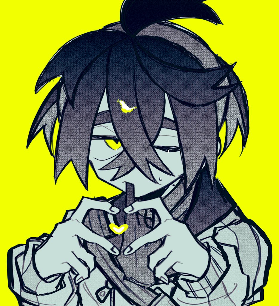 kieran (pokemon), nintendo, pokemon, pokemon sv, commentary, 1boy, ahoge, blueberry academy school uniform, crossed bangs, four-finger heart hands, glove in mouth, gloves, hair between eyes, hairband, heart, heart hands, heart in heart hands, looking to the side, male focus, mole, mole on neck, mouth hold, one eye closed, school uniform, solo, sweat, titara 1230, unworn gloves, yellow background, yellow eyes, yellow hairband