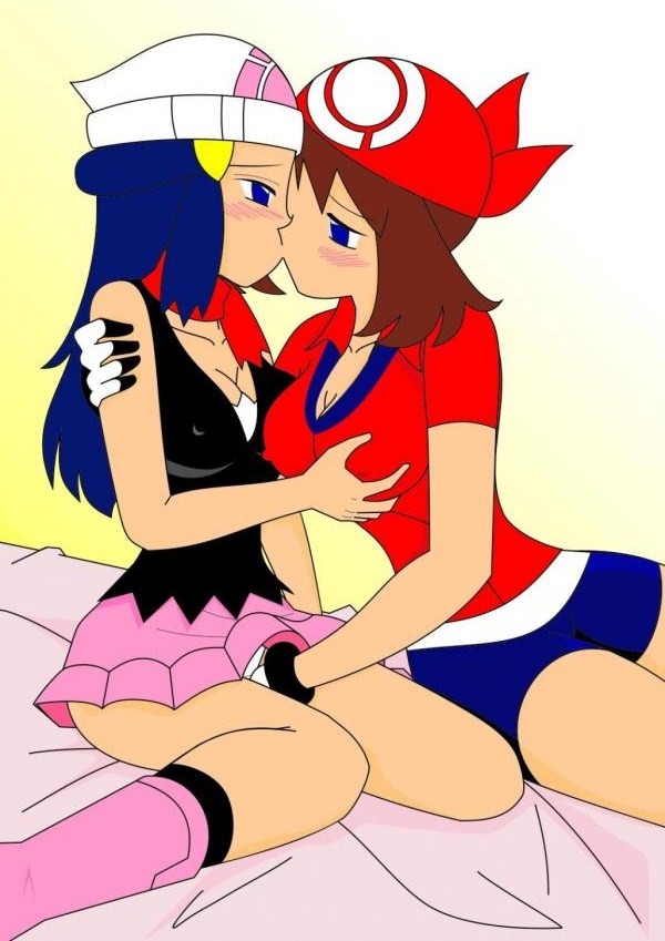 dawn (pokemon), may (pokemon), nintendo, pokemon, blue hair, blush, breasts, fingering, grabbing another's breast, groping, kiss, nipples, yuri