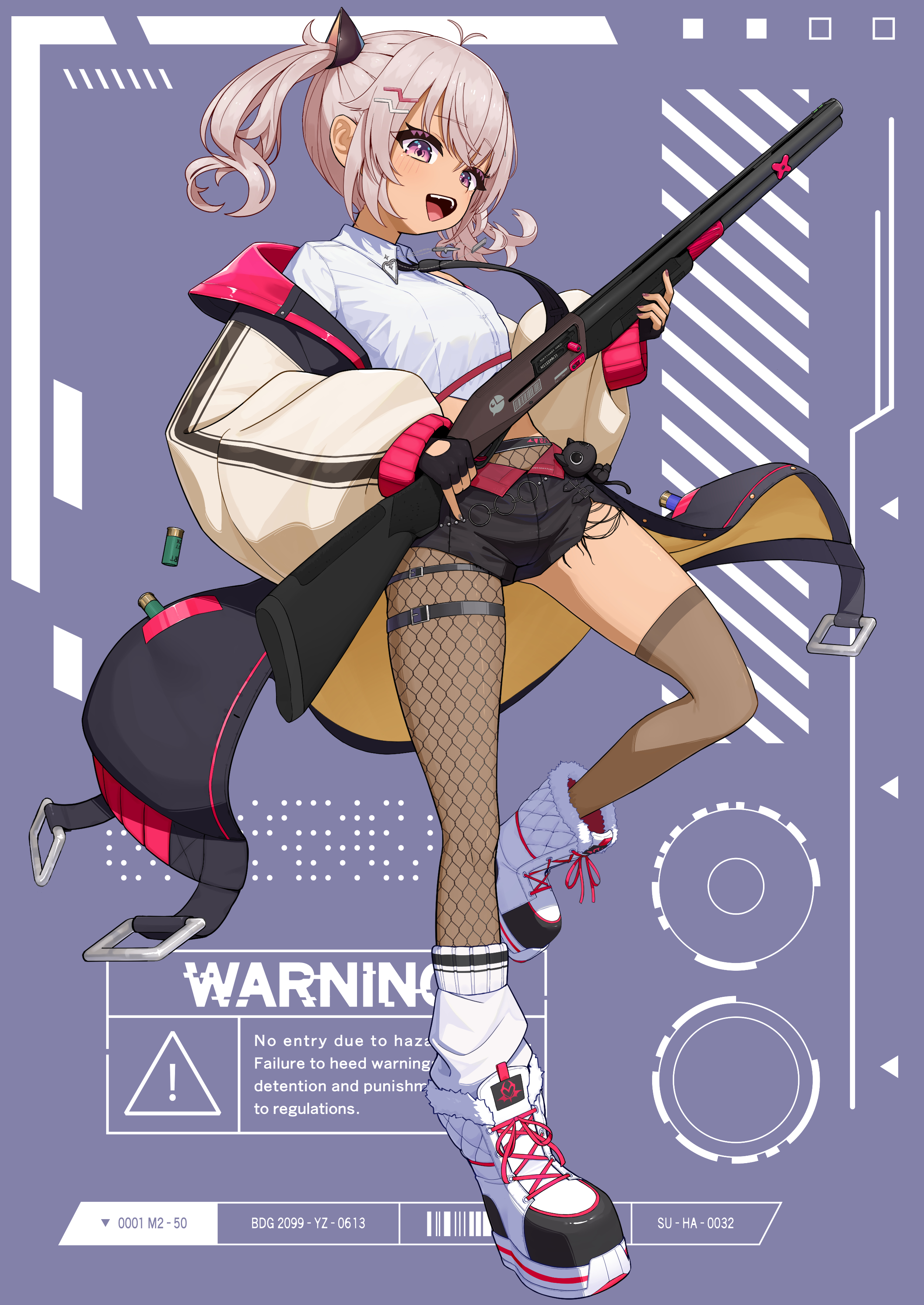 lunch boxer, matsukai mao, nijisanji, absurdres, commentary request, highres, 1girl, ahoge, alternate costume, assault rifle, black bow, black gloves, black necktie, black shorts, bow, dark-skinned female, dark skin, fingerless gloves, fishnet pantyhose, fishnet thighhighs, fishnets, gloves, grey background, gun, hair bow, holding, holding gun, holding weapon, jacket, looking at viewer, necktie, pantyhose, pink hair, purple eyes, rifle, shirt, shoes, shorts, single leg pantyhose, smile, solo, teeth, thighhighs, twintails, upper teeth only, virtual youtuber, weapon, white jacket, white shirt, white shoes