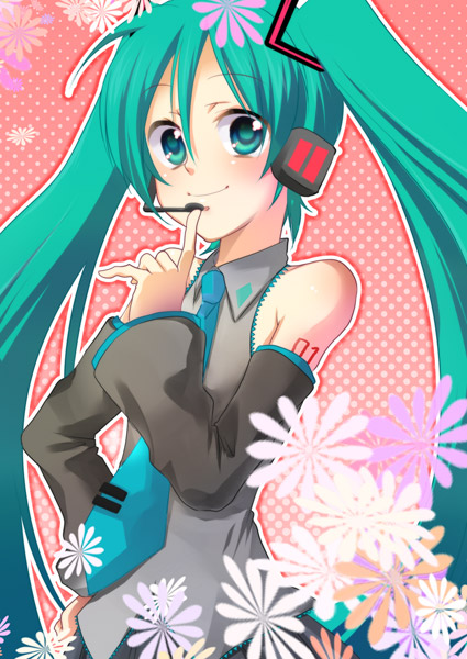 mina m, mochizuki mina, hatsune miku, vocaloid, bad id, bad pixiv id, 1girl, detached sleeves, female focus, green eyes, green hair, hand on own hip, headset, hip focus, long hair, matching hair/eyes, necktie, solo, twintails