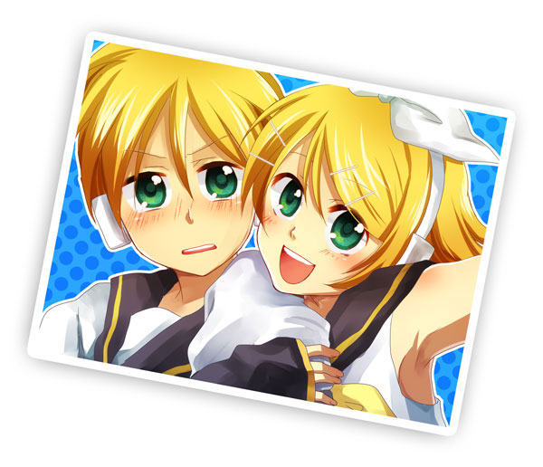 mina m, mochizuki mina, kagamine len, kagamine rin, vocaloid, photo (medium), 1boy, 1girl, armpits, blonde hair, blush, brother and sister, green eyes, hair ornament, hair ribbon, hairclip, headset, photo (object), ribbon, short hair, siblings, twins