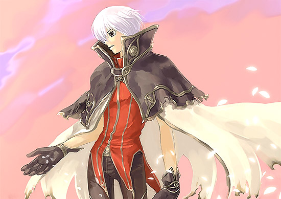 wizard (ragnarok online), ragnarok online, commentary request, 1boy, brown capelet, brown pants, cape, capelet, cowboy shot, dated commentary, grey eyes, looking afar, male focus, oomojiya, pants, pink background, red shirt, shirt, short hair, solo, white cape, white hair