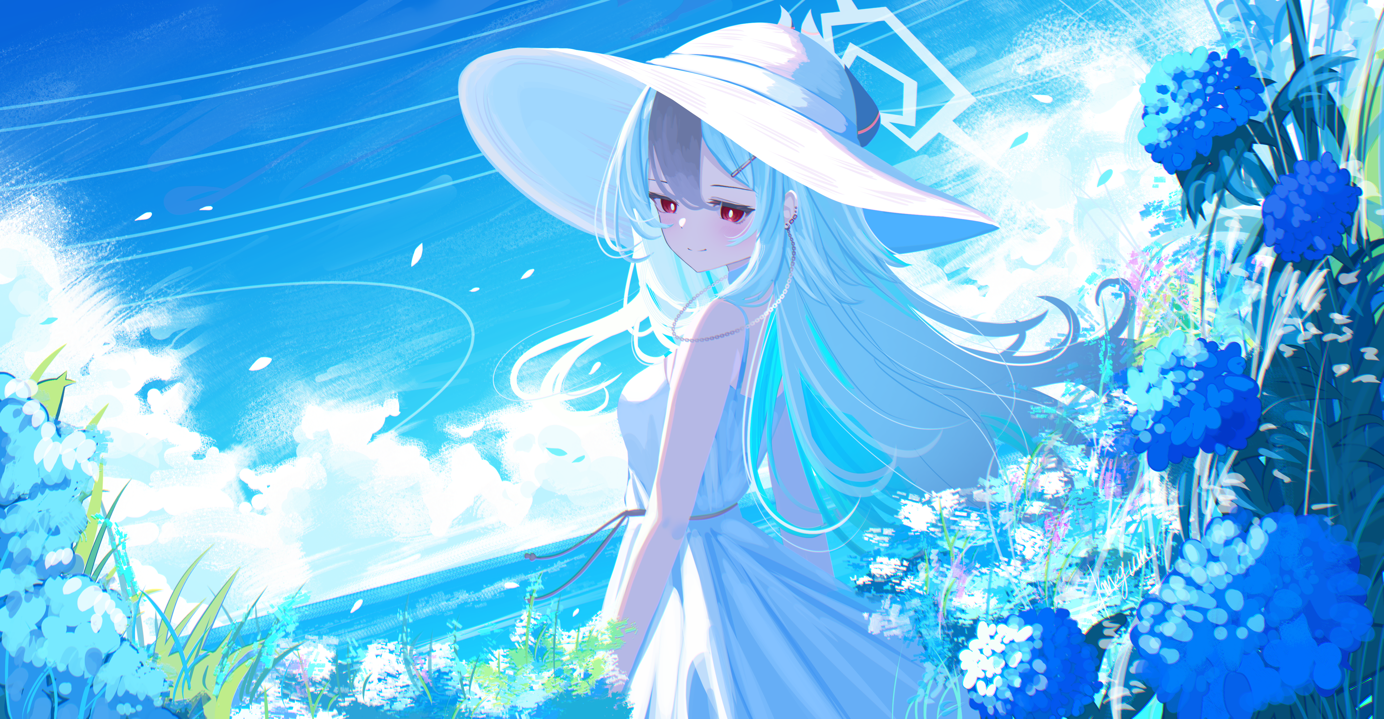 megumi kei, kayoko (blue archive), blue archive, absurdres, commentary request, highres, 1girl, bare arms, bare shoulders, black hair, blush, closed mouth, demon girl, demon horns, dress, from side, hair between eyes, hat, horns, long hair, looking at viewer, multicolored hair, ocean, red eyes, sidelocks, sleeveless, sleeveless dress, smile, solo, sun hat, sundress, two-tone hair, white dress, white hair, white hat