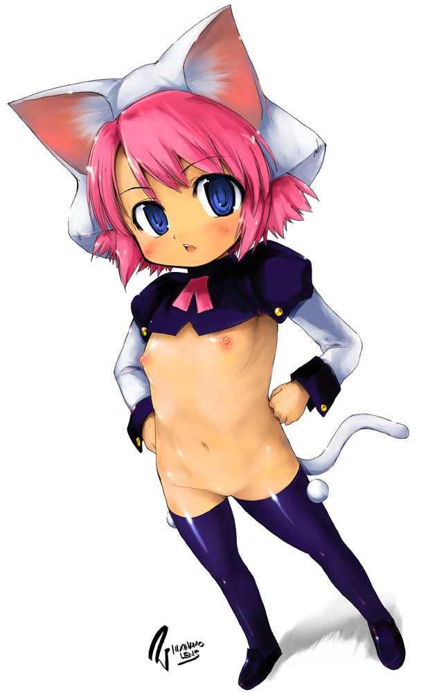 isotonix, original, md5 mismatch, resolution mismatch, 1girl, animal ears, blue eyes, female focus, flat chest, hands on own hips, loli, pink eyes, pink hair, solo, tail, thighhighs