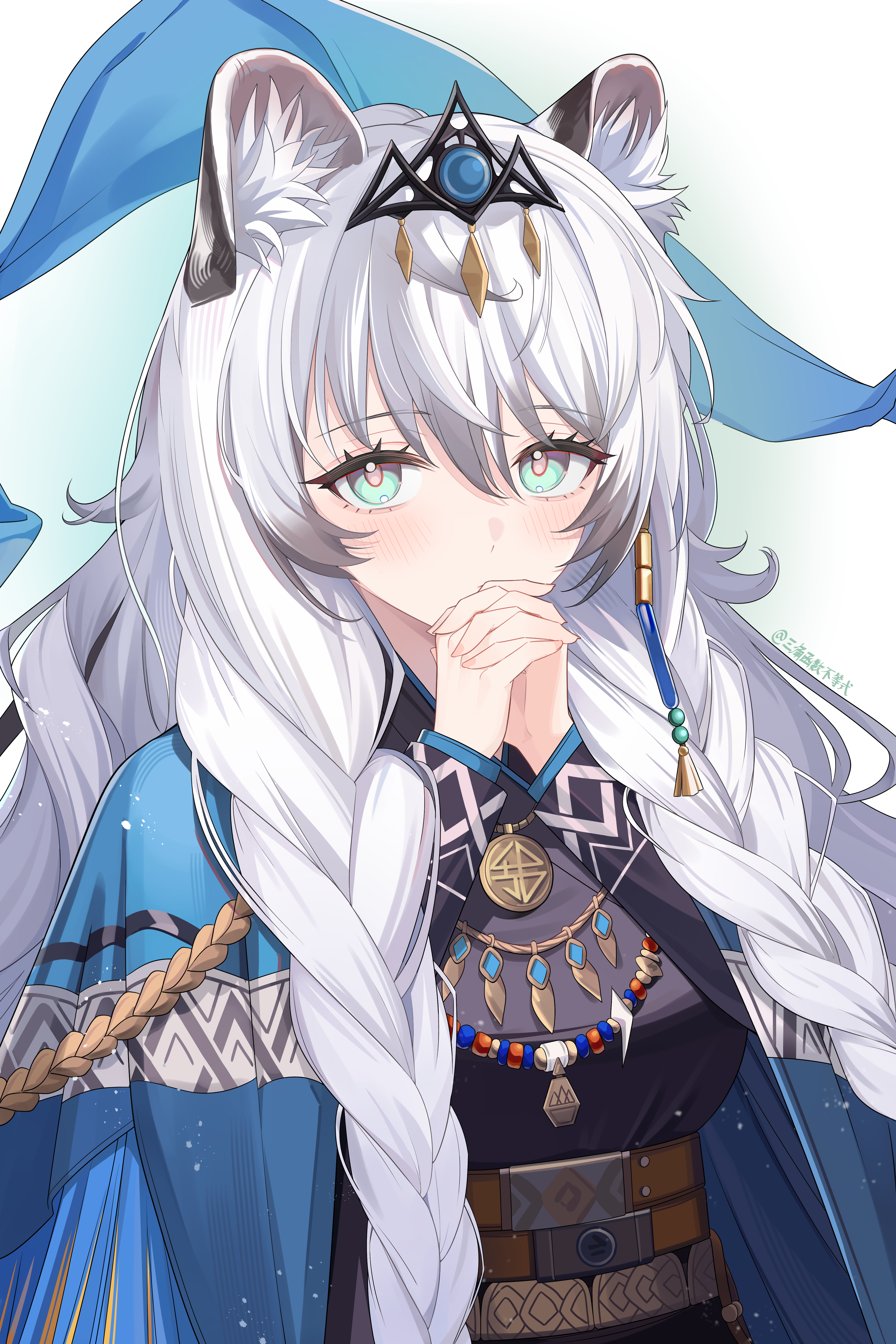 pramanix (arknights), pramanix the prerita (arknights), arknights, absurdres, commentary request, highres, 1girl, animal ear fluff, animal ears, black dress, breasts, covered mouth, dress, fringe trim, green eyes, hair between eyes, headpiece, interlocked fingers, leopard ears, long hair, looking at viewer, medium breasts, own hands clasped, own hands together, sanjiao hanshu, solo, twitter username, upper body, very long hair, white hair