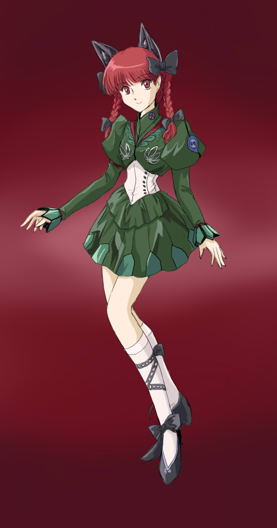 flx, kaenbyou rin, touhou, 1girl, animal ears, braid, cat ears, cat girl, female focus, full body, gradient background, hair ribbon, red eyes, red hair, ribbon, solo, twin braids