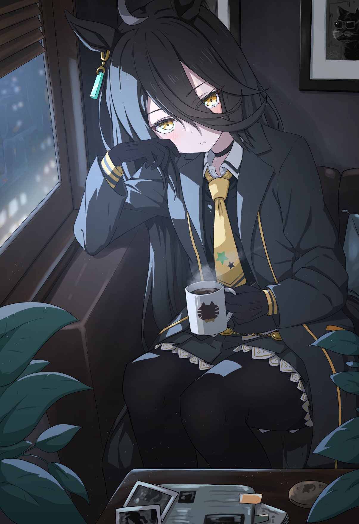 gamyuu (gamyu), manhattan cafe (umamusume), umamusume, commentary request, highres, 1girl, animal ear piercing, animal ears, black choker, black coat, black gloves, black hair, black pantyhose, black shirt, black skirt, blush, choker, coat, coffee, coffee mug, collared shirt, contrast collar, couch, cup, double-parted bangs, frilled skirt, frills, frown, gloves, hair between eyes, holding, holding cup, horse ears, horse girl, horse tail, indoors, long hair, long sleeves, looking at viewer, manhattan cafe (creeping shadow) (umamusume), mug, multicolored hair, necktie, on couch, open clothes, open coat, pantyhose, picture frame, plant, pleated skirt, shirt, sidelocks, sitting, skirt, solo, steam, streaked hair, tail, very long hair, white hair, window, yellow eyes, yellow necktie