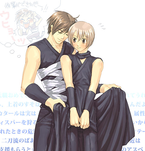 assassin (ragnarok online), ragnarok online, commentary request, lowres, translation request, 2boys, bandages, bandages over clothes, black pants, black shirt, brown hair, closed eyes, closed mouth, cowboy shot, dated commentary, grey hair, looking at another, male focus, multiple boys, oomojiya, pants, shirt, short hair, sleeveless, sleeveless shirt, smile, white background