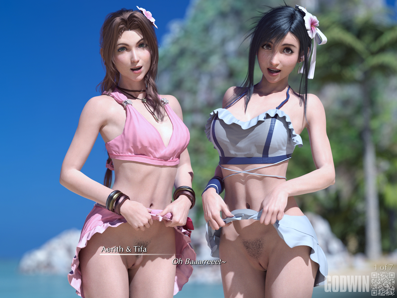 godwin3d, aerith gainsborough, aerith gainsborough (pink mermaid), tifa lockhart, tifa lockhart (shining spirit), final fantasy, final fantasy vii, final fantasy vii rebirth, final fantasy vii remake, commentary, english commentary, highres, paid reward available, 2girls, 3d, artist name, beach, bikini, bikini skirt, bikini top only, black hair, blue sky, blurry, blurry background, breasts, clothes lift, cowboy shot, day, eyelashes, flower, forehead, green eyes, hair flower, hair intakes, hair ornament, large breasts, looking at viewer, medium breasts, multiple girls, official alternate hairstyle, open mouth, outdoors, pink bikini, ponytail, pubic stubble, pussy, red eyes, skirt, skirt lift, sky, swimsuit, uncensored, white bikini
