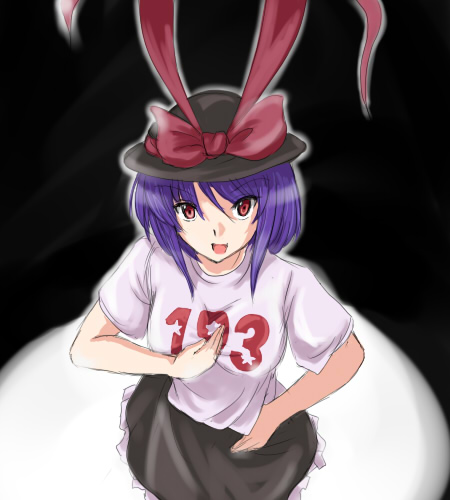 flx, nagae iku, touhou, lowres, 1girl, female focus, hat, number pun, purple hair, red eyes, ribbon, short hair, solo
