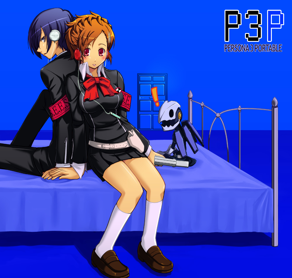taru neko, shiomi kotone, thanatos (persona), yuuki makoto (persona 3), atlus, persona, persona 3, persona 3 portable, !, armband, bed, blue eyes, blue hair, blush, bow, brown hair, headphones, mp3 player, red eyes, ribbon, school uniform, sitting, smile