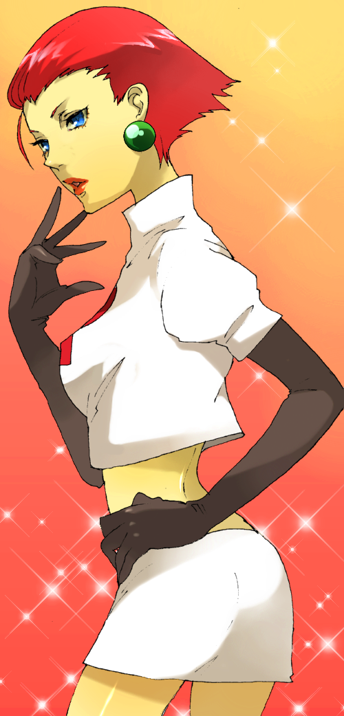 shirano, jessie (pokemon), nintendo, pokemon, pokemon (anime), pokemon (classic anime), pokemon ep097, bad id, bad pixiv id, 1girl, alternate hairstyle, earrings, female focus, jewelry, red hair, short hair, solo