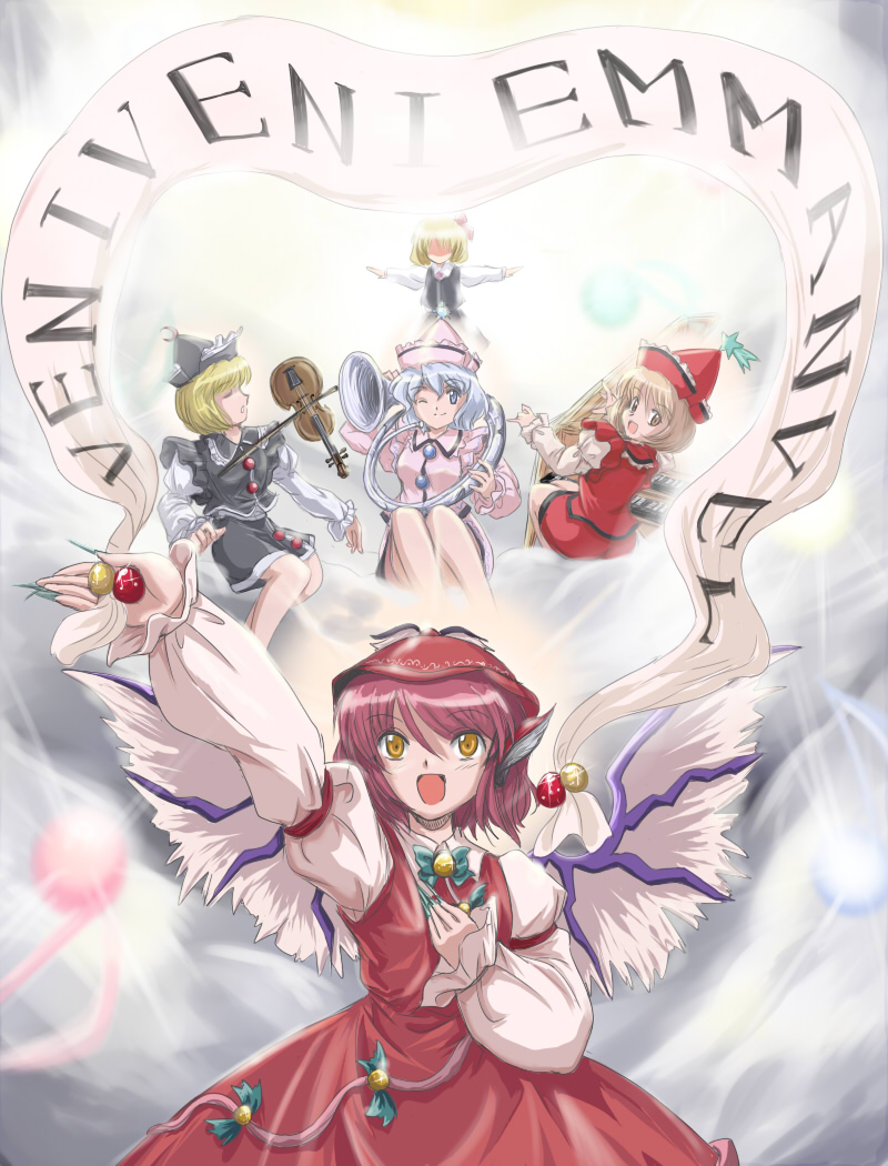 flx, lunasa prismriver, lyrica prismriver, merlin prismriver, mystia lorelei, rumia, touhou, 5girls, animal ears, blonde hair, blue eyes, blue hair, brown eyes, brown hair, female focus, fingernails, hair ribbon, hat, instrument, keyboard, keyboard (instrument), multiple girls, one eye closed, pink hair, ribbon, short hair, trumpet, violin, wings, wink, yellow eyes