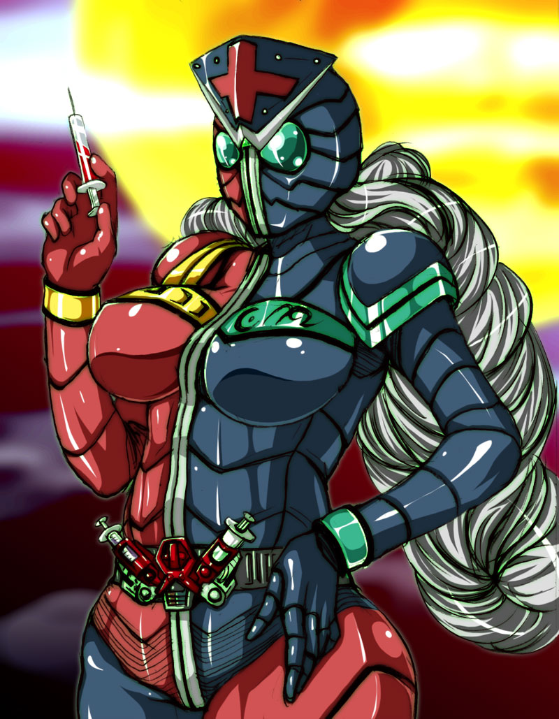 d.o.t., dot (poni taoyaka), kamen rider double, yagokoro eirin, kamen rider, kamen rider w, touhou, silver hair, 1girl, belt, bodysuit, breasts, female focus, gradient background, large breasts, long hair, parody, solo, syringe