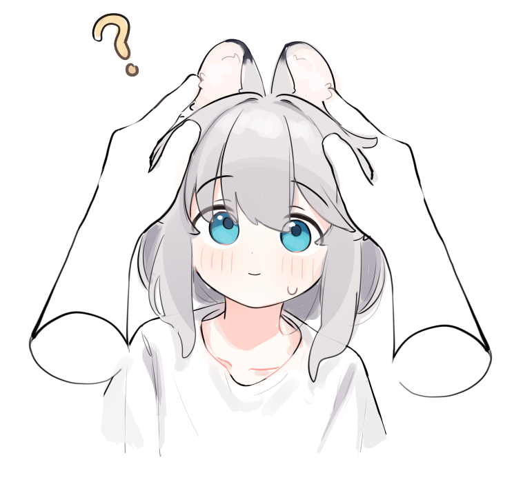 riya (01214), original, commentary request, 1girl, 1other, ?, animal ear fluff, animal ears, blue eyes, blush, closed mouth, collarbone, cropped torso, disembodied hand, grey hair, hair between eyes, light smile, long hair, shirt, simple background, small sweatdrop, solo focus, sweat, upper body, white background, white shirt