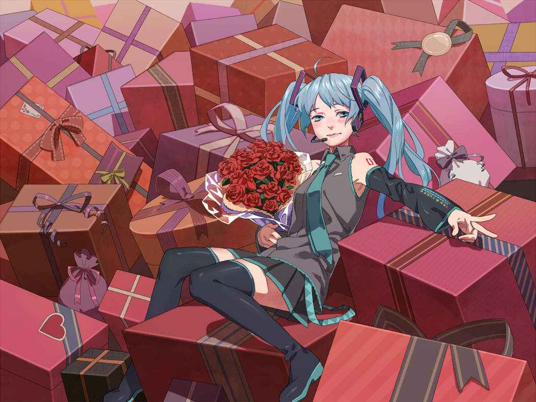 esukee, hatsune miku, vocaloid, 1girl, aqua eyes, aqua hair, detached sleeves, female focus, flower, headphones, long hair, necktie, sitting, skirt, smile, solo, thighhighs, twintails, very long hair, zettai ryouiki
