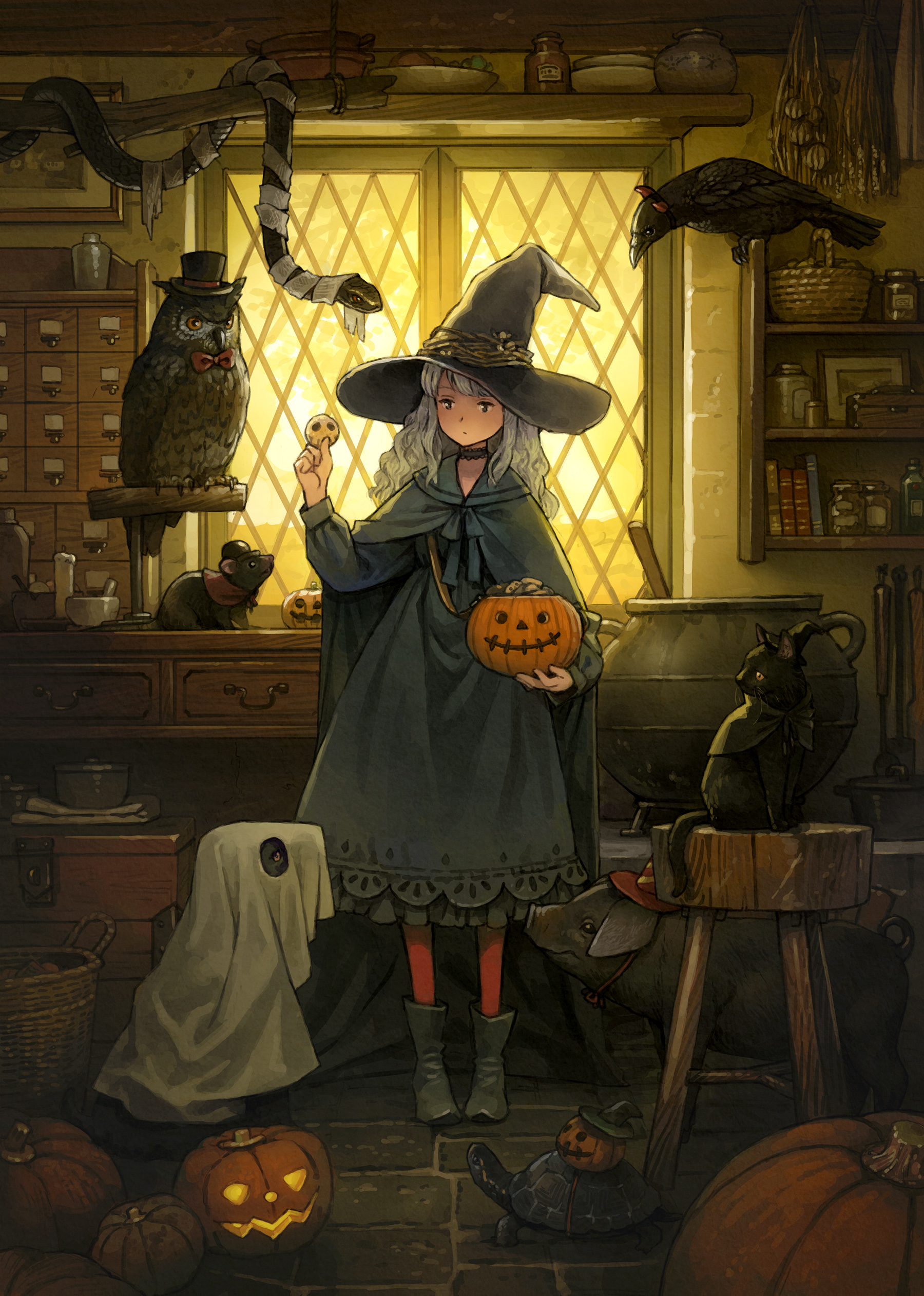 yoshida seiji, original, absurdres, commentary, english commentary, highres, 1girl, absurdly detailed composition, bandaged torso, basket, bird, black cat, black hat, book, bookshelf, boots, bow, bowler hat, bowtie, bucket, candle, cape, cat, cauldron, choker, cookie, crow, desk, dress, fake horns, food, ghost costume, green boots, green cape, green dress, hairband, halloween bucket, hat, holding, holding bucket, holding cookie, holding food, horn hairband, horns, indoors, jack-o'-lantern, jar, loaded interior, long hair, mortar (bowl), mouse (animal), mummy costume, owl, pantyhose, pestle, pig, pumpkin, red bow, red bowtie, red pantyhose, snake, solo, standing, stone floor, stool, top hat, tortoise, turtle, wavy hair, white hair, window, witch hat