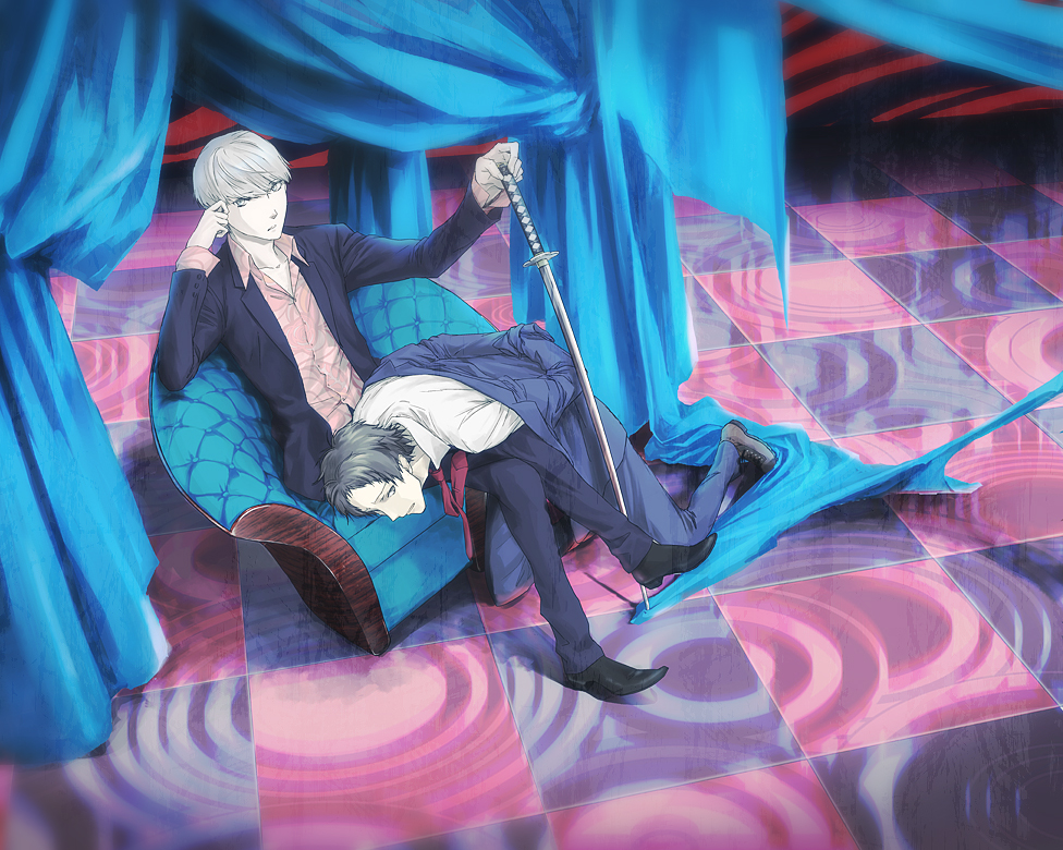 ito (pixiv), adachi tooru, narukami yu, atlus, persona, persona 4, 2boys, black eyes, black hair, chair, curtains, formal clothes, grey eyes, katana, kneeling, male focus, multiple boys, necktie, short hair, sitting, suit, sword, weapon, white hair, yaoi