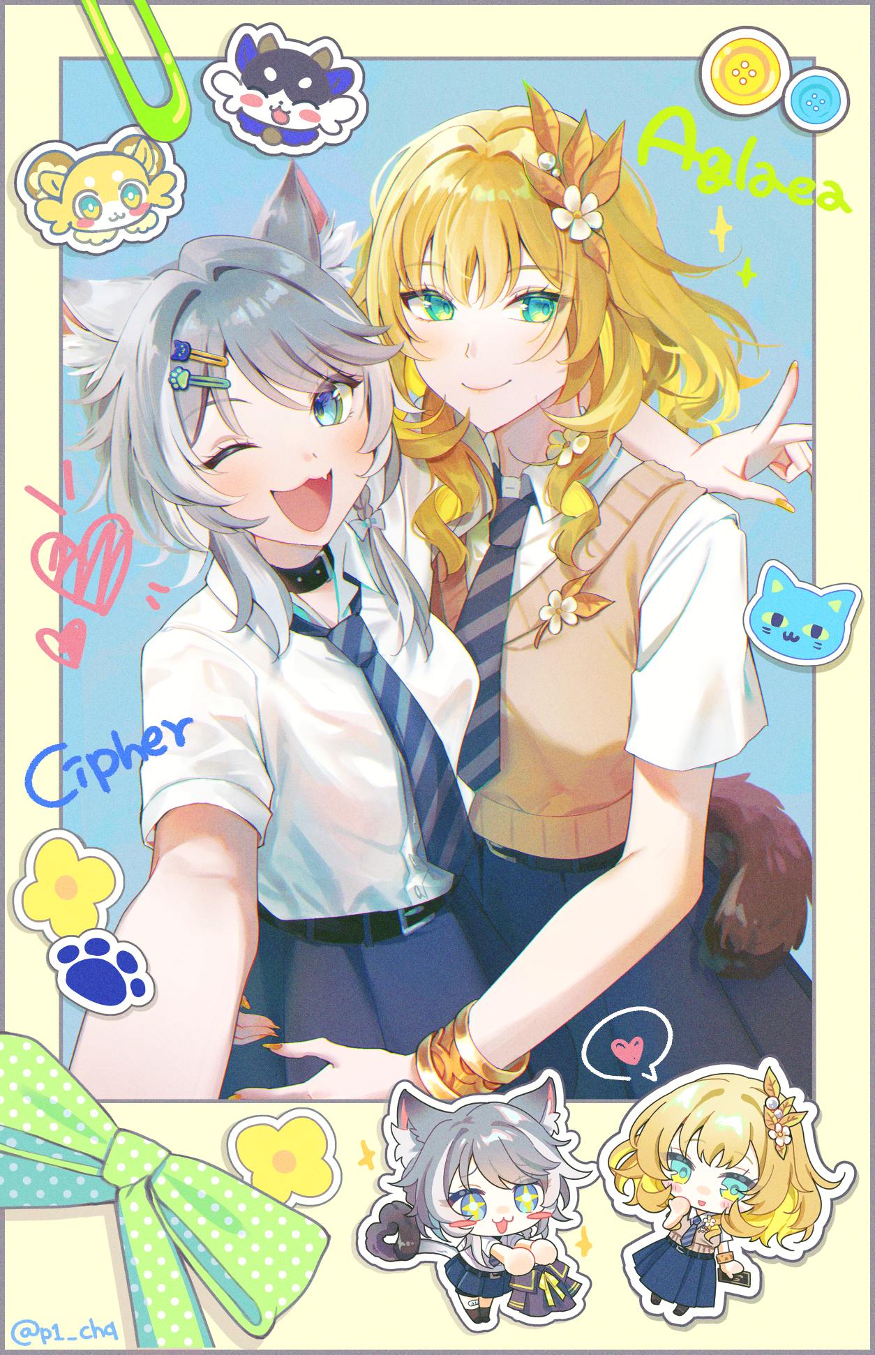 kurape (pat1na), aglaea (honkai: star rail), aglaea (oatmeal) (honkai: star rail), cipher (honkai: star rail), cipher (master cat-thief) (honkai: star rail), honkai: star rail, honkai (series), highres, 2girls, alternate costume, belt buckle, blonde hair, blue eyes, bow, braid, buckle, cat girl, green eyes, grey hair, hair ornament, hairclip, laurel crown, multiple girls, necktie, one eye closed, school uniform, shirt, skirt, smile, sticker