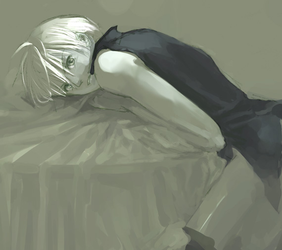 wizard (ragnarok online), ragnarok online, commentary request, 1boy, bent over, dated commentary, greyscale, looking at viewer, male focus, monochrome, oomojiya, shirt, short hair, sleeveless, sleeveless shirt, solo