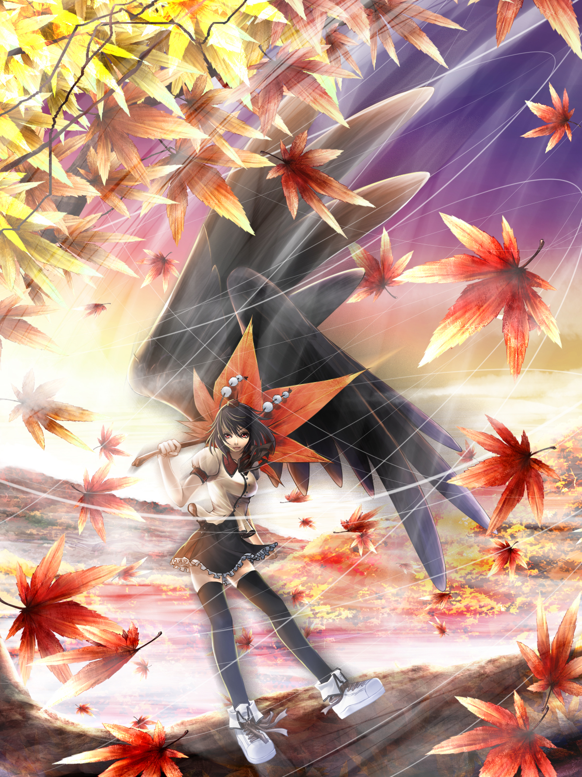tomokatsu, shameimaru aya, touhou, bad id, bad pixiv id, highres, 1girl, black hair, black wings, female focus, hand fan, hat, leaf, light smile, looking at viewer, red eyes, short hair, solo, thighhighs, tokin hat, wings