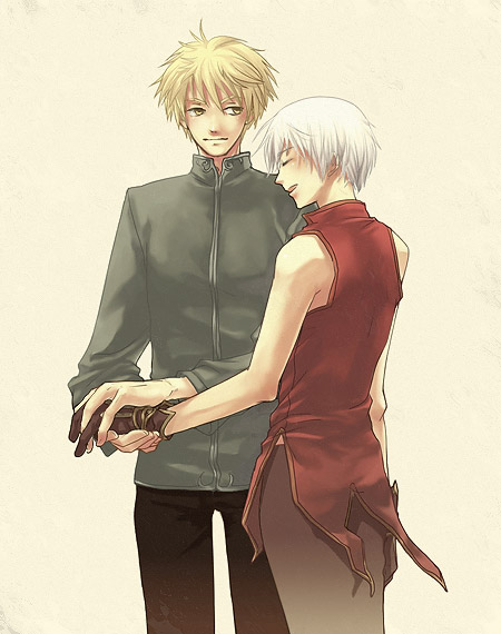 knight (ragnarok online), wizard (ragnarok online), ragnarok online, commentary request, 2boys, black pants, brown gloves, brown pants, closed eyes, closed mouth, cowboy shot, dated commentary, gloves, grey background, grey shirt, looking at another, male focus, multiple boys, no cape, oomojiya, open mouth, pants, red shirt, shirt, short hair, simple background, sleeveless, sleeveless shirt, smile