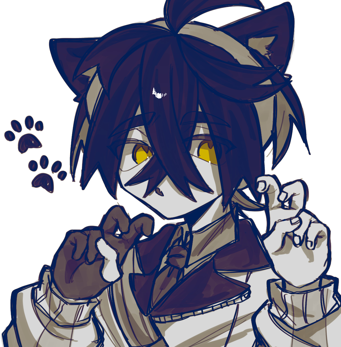 kieran (pokemon), nintendo, pokemon, pokemon sv, commentary, 1boy, animal ears, blueberry academy school uniform, cat boy, cat ears, claw pose, crossed bangs, fang, gloves, hair between eyes, hairband, male focus, paw print, school uniform, single glove, skin fang, titara 1230, white background, yellow eyes, yellow hairband