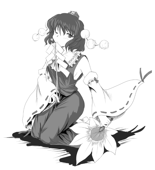 flx, hakurei reimu, shameimaru aya, touhou, 1girl, cosplay, detached sleeves, female focus, gohei, greyscale, hakurei reimu (cosplay), hat, japanese clothes, looking at viewer, miko, monochrome, one eye closed, short hair, smile, solo, tokin hat, wink