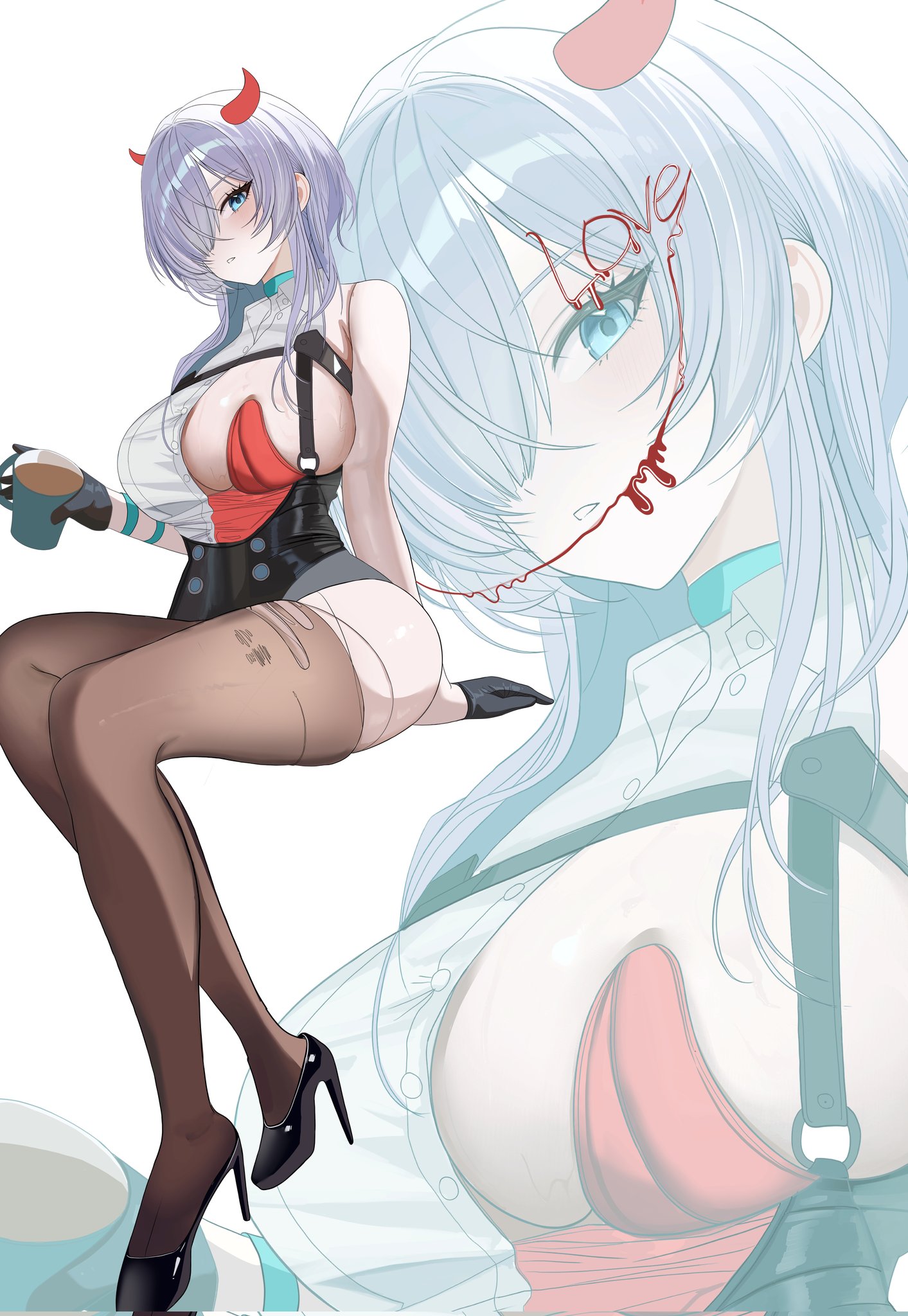 dodo1792295, brid (nikke), brid (silent track) (nikke), goddess of victory: nikke, commentary, corrupted twitter file, highres, 1girl, adapted costume, alternate costume, aqua choker, arm support, bare shoulders, black corset, black gloves, black shoes, blue eyes, breasts, brown thighhighs, chest harness, choker, cleavage, closed mouth, coffee, collared shirt, corset, cup, fake horns, full body, gloves, grey hair, hair between eyes, hair over one eye, harness, high heels, holding, holding cup, horns, invisible chair, large breasts, leotard, long hair, looking at viewer, red leotard, shirt, shoes, sideboob, sidelocks, sitting, sleeveless, sleeveless shirt, solo, strapless, strapless leotard, thighhighs, torn clothes, torn thighhighs, veins, veiny breasts, white shirt, zoom layer