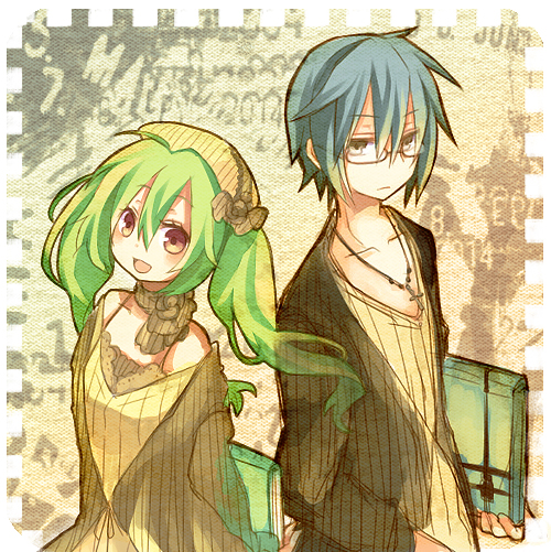 aruya (flosrota), original, bad id, bad pixiv id, 1boy, 1girl, book, cross, cross necklace, dress, glasses, green hair, hat, jewelry, long hair, looking at viewer, necklace, open mouth, short hair, smile, yellow eyes