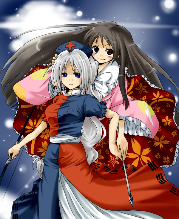 unya, houraisan kaguya, yagokoro eirin, touhou, silver hair, 2girls, arrow (projectile), black hair, bow, bow (weapon), braid, breasts, female focus, large breasts, long hair, multiple girls, weapon