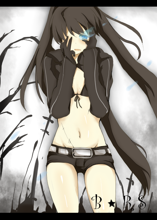mono (recall), black rock shooter (character), black rock shooter, 10s, 1girl, belt, bikini, bikini top only, black bikini, black hair, blue eyes, coat, female focus, front-tie top, gloves, glowing, glowing eyes, hand on own face, hands on own face, hood, hooded jacket, jacket, long hair, navel, scar, short shorts, shorts, solo, sweater, swimsuit, tears, tree, twintails, uneven twintails, very long hair